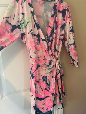 Lilly Pulitzer Pink Navy Green Floral Wrap Jumpsuit